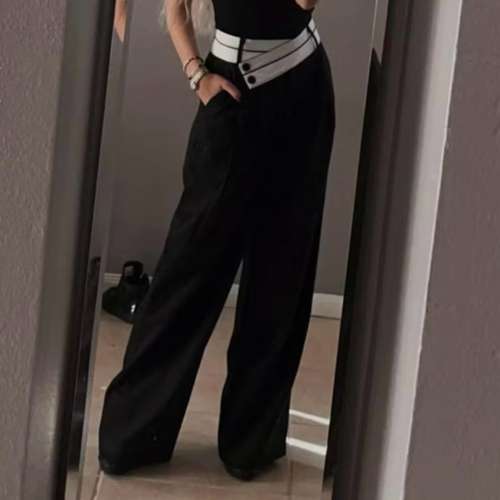 Commense Black Asymmetrical White Contrast Waistband Wide Leg Dress Pants - Picture 5 of 11